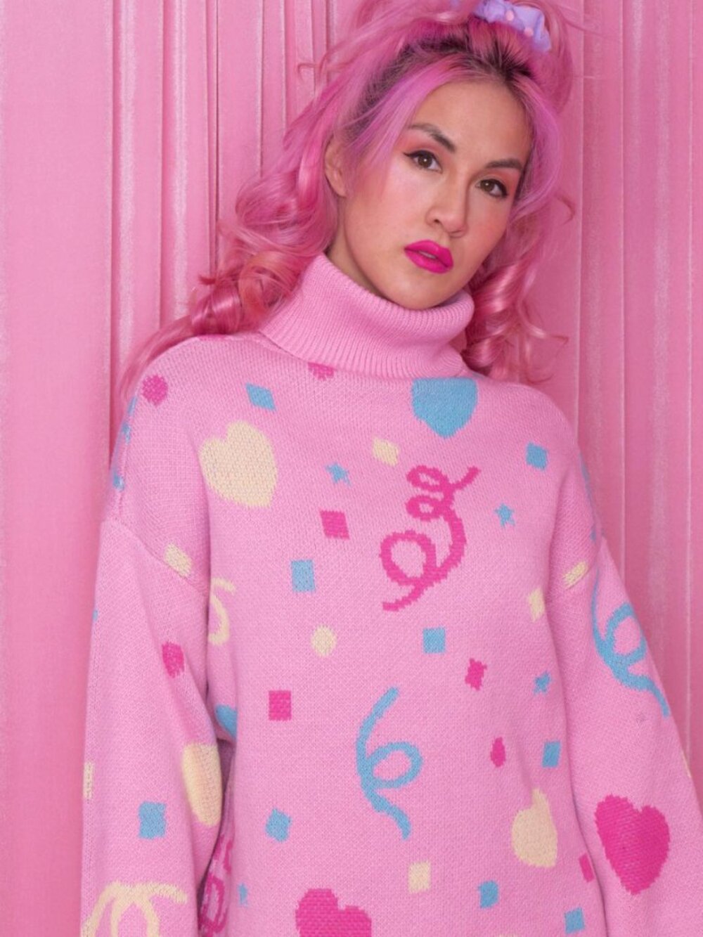 Chrissa Sparkles Confetti Party Turtleneck Sweater Barbie Pink Size Small NWT